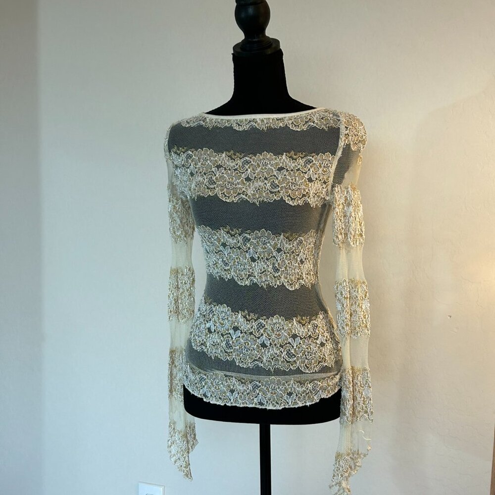Vintage sheer white long-sleeve top with gold accents, MADE IN US